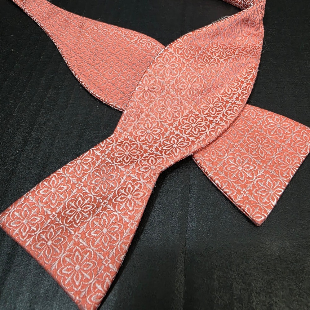Tie Bar Bow Tie Mens Peach‎ Coral Pink Floral Medallion Silk Self-Tie Adjustable
